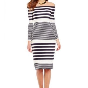 Eliza J off the shoulder navy and white stripe dress